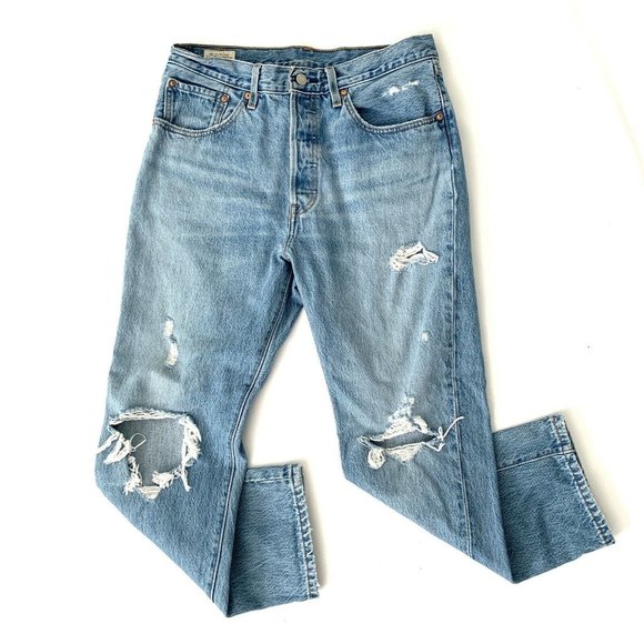 Levi's 501 Womens Jeans 30x26 Distressed Destroyed Blue Denim Button Fly - Picture 3 of 10